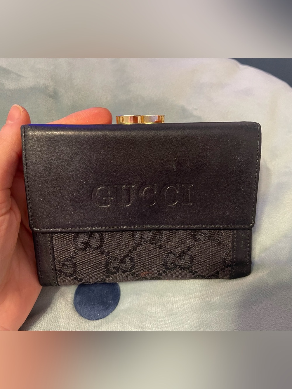 Designer inspired logo black leather canvas wallet
